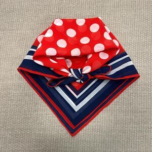 Vintage red and white polka dot silk chiffon scarf with navy and white stripes